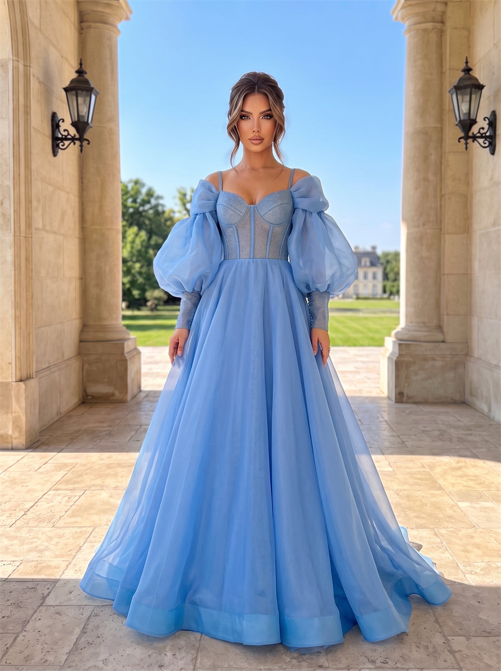 Wedding Dress Prom Dress Sweetheart Spaghetti Strap Organza Puff Sleeve A Line Formal Evening Gown