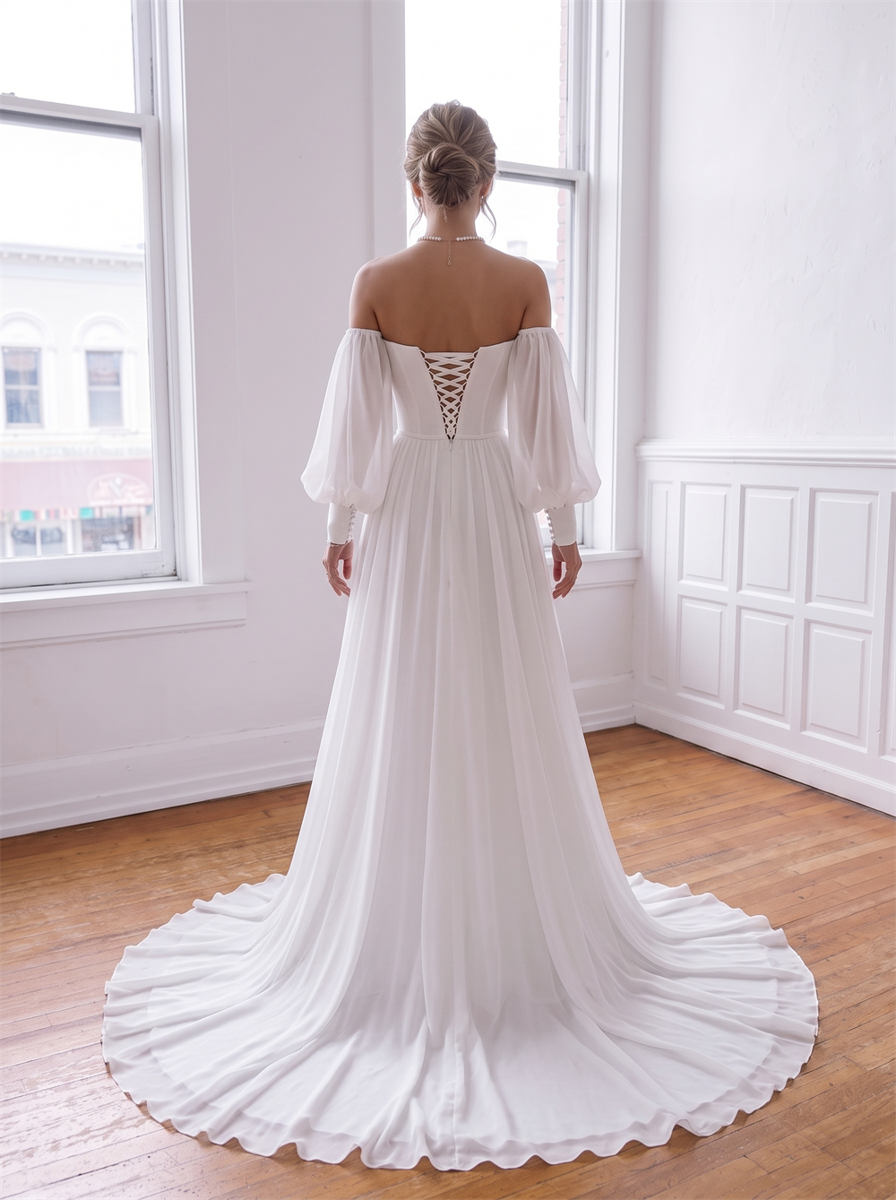 Off The Shoulder Puff Long Sleeve Chiffon Wedding Dress Sweetheart Pleated Bodice Lace Up Back Flowy A Line Bridal Gown