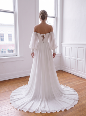 Off The Shoulder Puff Long Sleeve Chiffon Wedding Dress Sweetheart Pleated Bodice Lace Up Back Flowy A Line Bridal Gown