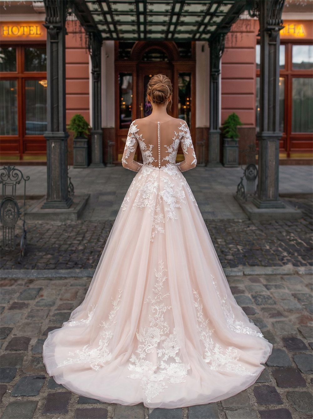 Illusion Round Neck Long Sleeve Floral Lace Blush Tulle A Line Wedding Dress Sheer Low Back Pearl Button Bridal Gown