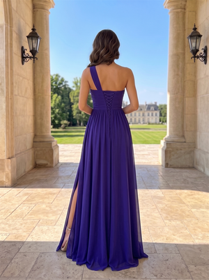 One Shoulder Chiffon Bridesmaid Dress Lace-Up Corset Back High Slit Floor Length Formal Wedding Guest Evening Gown Purple