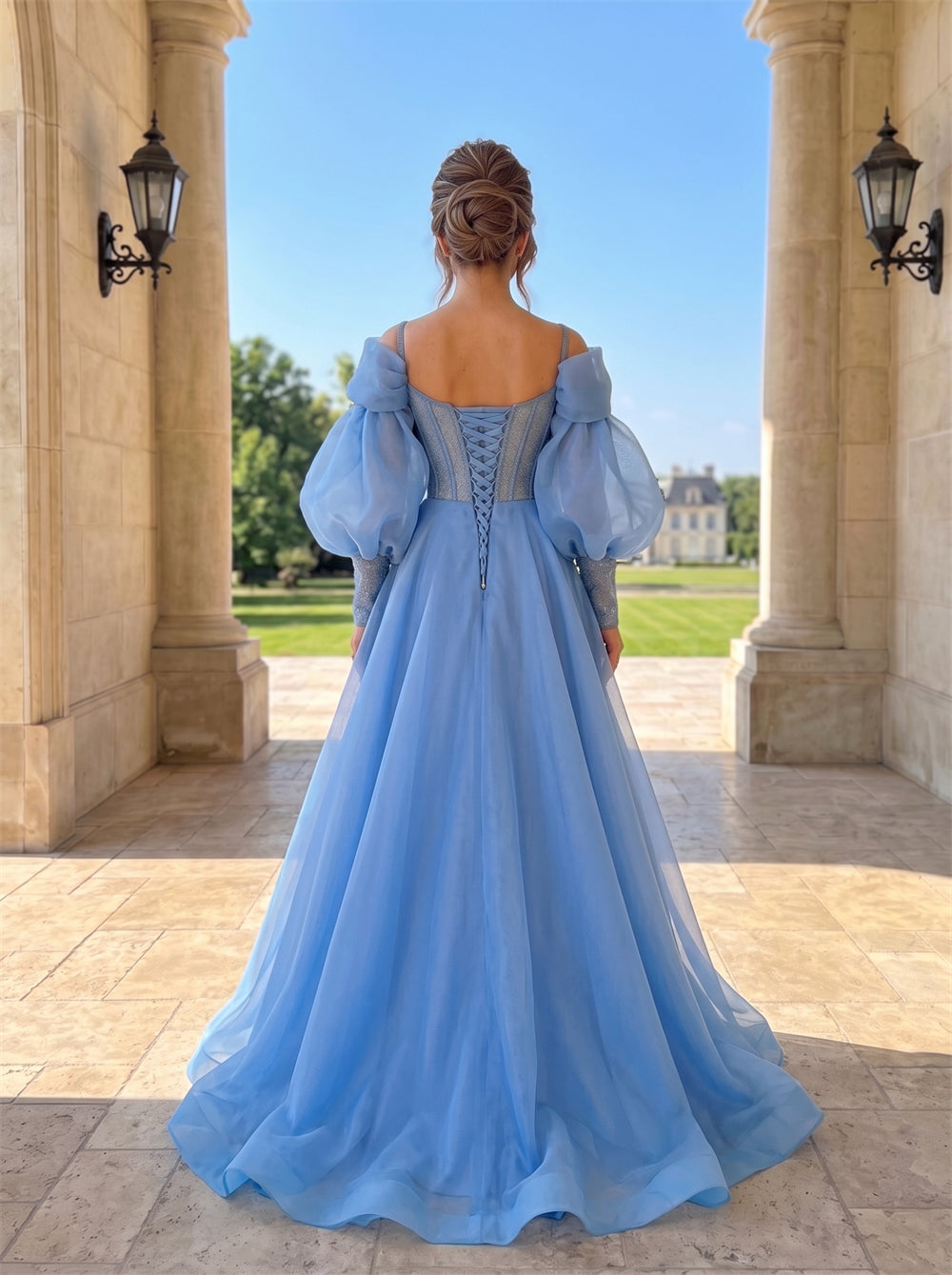 Wedding Dress Prom Dress Sweetheart Spaghetti Strap Organza Puff Sleeve A Line Formal Evening Gown