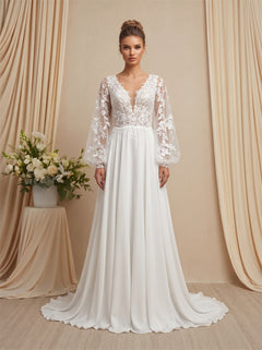 Long Sleeve Lace Chiffon Wedding Dress V Neck Low V Back Lantern Puff Sleeve Elegant Formal Bridal Dress