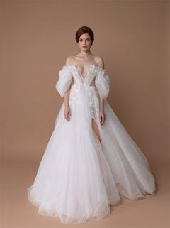 Off Shoulder Puff Sleeve Tulle Wedding Dress 3D Floral Deep V High Slit Long Train Corset Back Formal Prom Dress