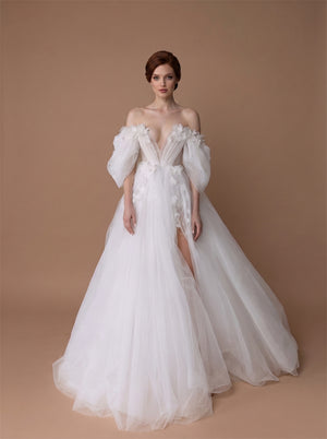 Off Shoulder Puff Sleeve Tulle Wedding Dress 3D Floral Deep V High Slit Long Train Corset Back Formal Prom Dress