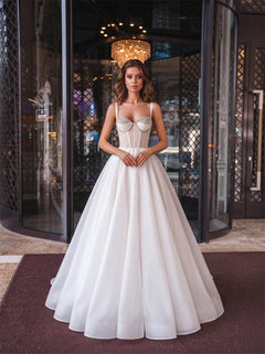 Thin Strap Rhinestone Corset Organza Wedding Dress Sweetheart Structured Boned Bodice Full A Line Formal Bridal Dress