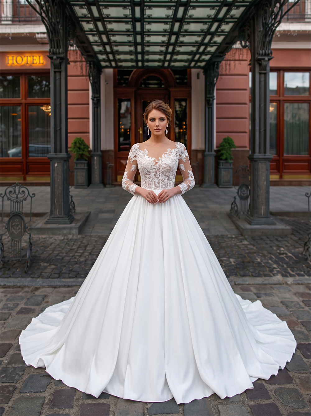 Illusion V Neck Long Lace Sleeve Satin Ball Gown Wedding Dress Sheer Low Back Bridal Gown