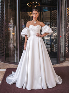 Off Shoulder Puff Sleeve Twist Bodice Lace Up Back A Line Satin Wedding Dress Bridal Dress
