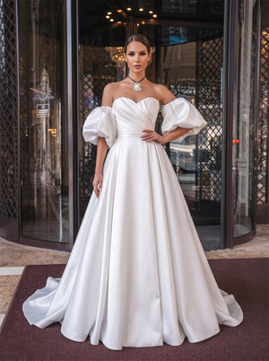 Off Shoulder Puff Sleeve Twist Bodice Lace Up Back A Line Satin Wedding Dress Bridal Dress