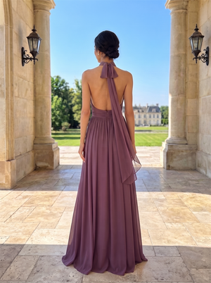 Halter Open Back Chiffon Bridesmaid Dress With Tie Bow Back High Slit Floor Length Mauve Formal Wedding Guest Evening Gown