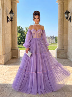 Prom Dress Sweetheart Sheer Corset Lace Up Back Lavender Polka Dot Tulle Tiered Floor Length Evening Gown