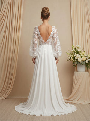 Long Sleeve Lace Chiffon Wedding Dress V Neck Low V Back Lantern Puff Sleeve Elegant Formal Bridal Dress