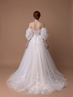 Off Shoulder Puff Sleeve Tulle Wedding Dress 3D Floral Deep V High Slit Long Train Corset Back Formal Prom Dress