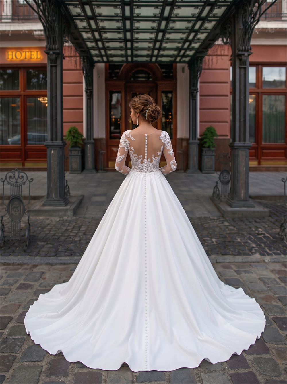 Illusion V Neck Long Lace Sleeve Satin Ball Gown Wedding Dress Sheer Low Back Bridal Gown