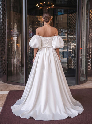 Off Shoulder Puff Sleeve Twist Bodice Lace Up Back A Line Satin Wedding Dress Bridal Dress