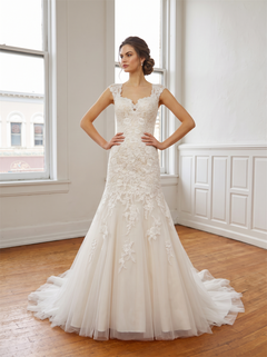 Sweetheart Cap Sleeve Lace Tulle Wedding Dress Pearl Button Mermaid Bridal Gown