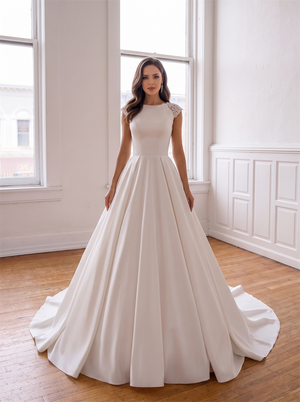 High Neck Cap Sleeve Satin Ball Gown Wedding Dress Floral Lace Illusion Open Back A Line Bridal Gown