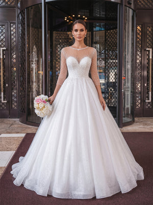 Illusion 3/4 Sleeve Beaded Open Back Glitter Tulle A Line Wedding Dress Bridal Dress
