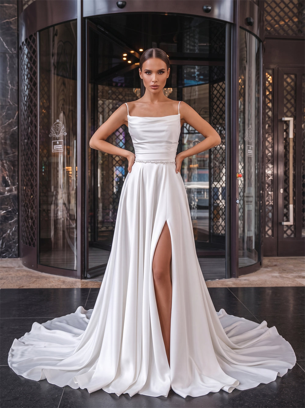 Spaghetti Strap Cowl Neck White Satin Wedding Dress Rhinestone Belt Corset Lace Up Back High Slit A Line Elegant Formal Bridal Dress