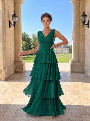 Sleeveless Double V Neck Tiered Chiffon Bridesmaid Dress Back Zipper Floor Length Emerald Green Formal Wedding Guest Evening Gown