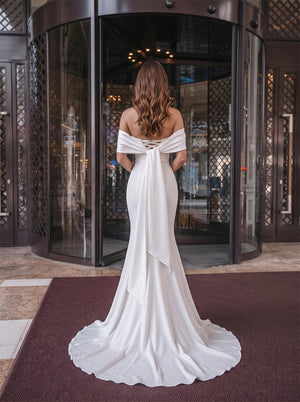 Off Shoulder Twist Ruched Lace Up Back Sash Bow Mermaid Satin Wedding Dress Bridal Dress