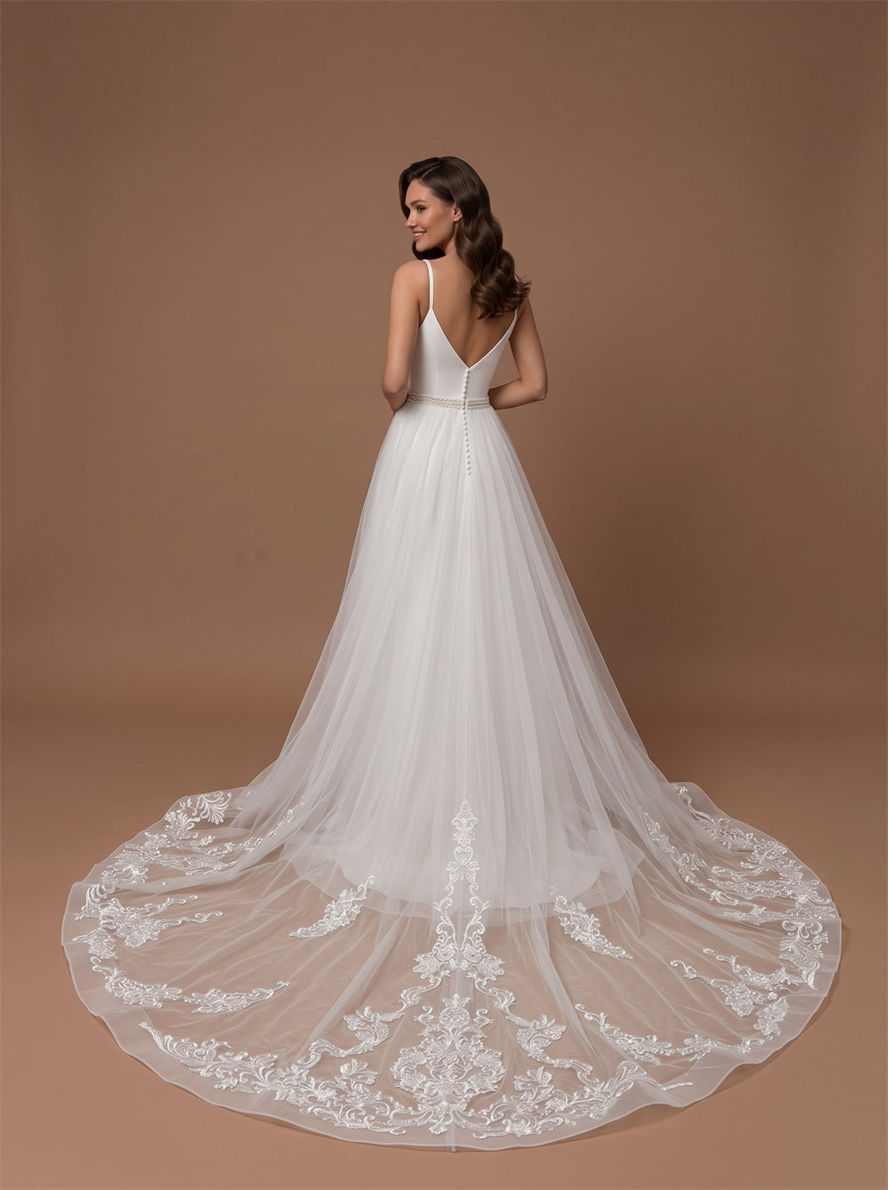 Spaghetti Strap Deep V Tulle Wedding Dress Vintage Lace Hem A Line Long Train Beaded Waist Bridal Dress