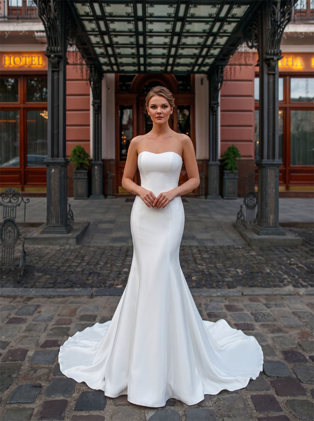 Strapless Sweetheart Matte Satin Mermaid Wedding Dress Low Back Vertical Bridal Gown