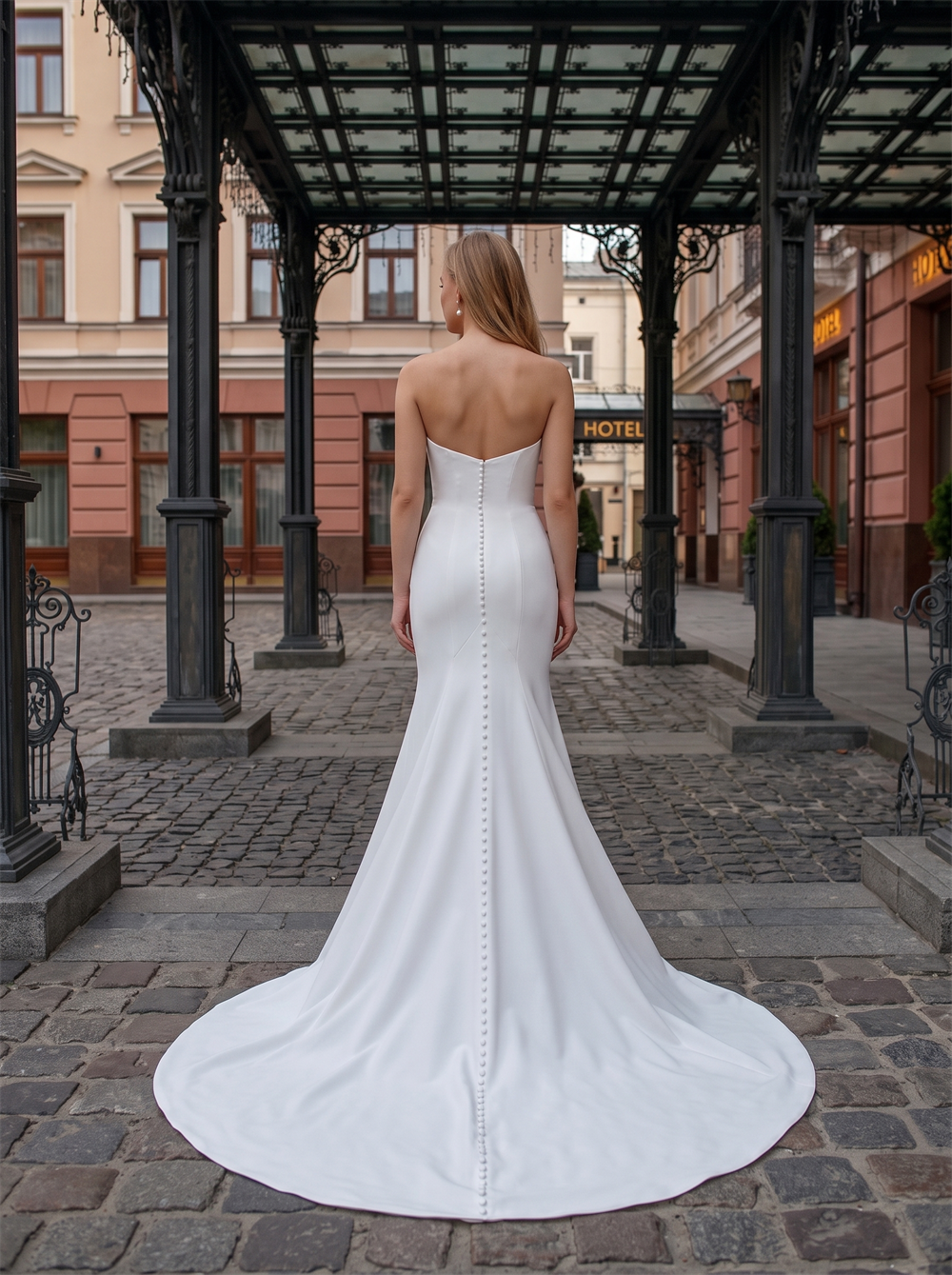 Strapless Sweetheart Matte Satin Mermaid Wedding Dress Low Back Vertical Bridal Gown