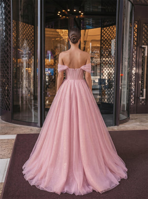 Off Shoulder Corset Bow Zipper Back Glitter Tulle A Line Evening Dress Prom Dress