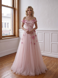 Off The Shoulder Pink Tulle Prom Dress 3D Floral Appliques Pearls Lace Up Back Big Bow A Line Long Evening Gown