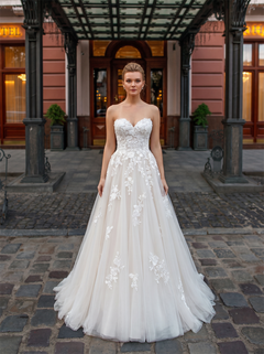 Strapless Floral Lace Blush Tulle Wedding Dress Detachable Bow Back A Line Gown
