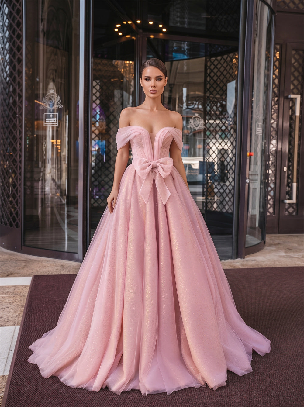Off Shoulder Corset Bow Zipper Back Glitter Tulle A Line Evening Dress Prom Dress