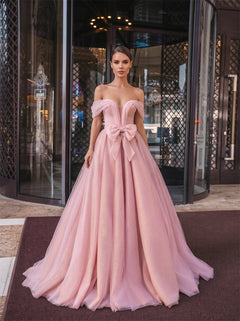 Off Shoulder Corset Bow Zipper Back Glitter Tulle A Line Evening Dress Prom Dress