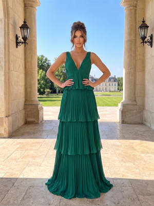 Sleeveless Deep V Pleated Tiered Chiffon Bridesmaid Dress Back Tie String Zipper Floor Length Emerald Green Formal Wedding Guest Evening Gown