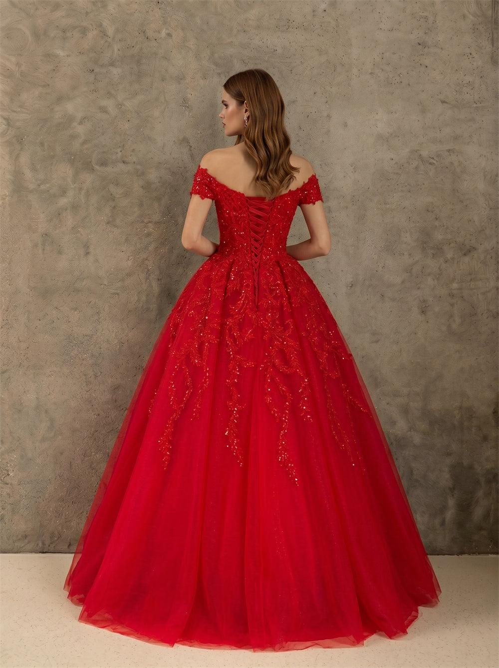 Prom Dress Off Shoulder Short Sleeve Floral Lace Sequins Lace Up Back Red Tulle Floor Length Formal Ball Gown