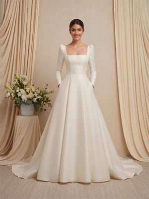 Long Sleeve Square Neck Satin Wedding Dress Low Back Button Classic A Line Elegant Formal Bridal Dress