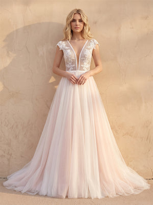Cap Sleeve Lace Tulle Wedding Dress Deep V Open Back Pearl Button A Line Long Train Blush Bridal Dress