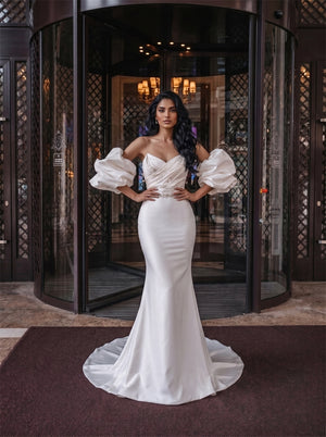 Off Shoulder Puff Sleeve Crystal Sash Lace Up Back Detachable Over Skirt Mermaid Satin Wedding Dress Bridal Dress