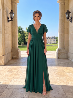 Short Flutter Sleeve Double V Neck Chiffon Bridesmaid Dress High Slit Back Zipper Floor Length Emerald Green Formal Wedding Guest Evening Gown