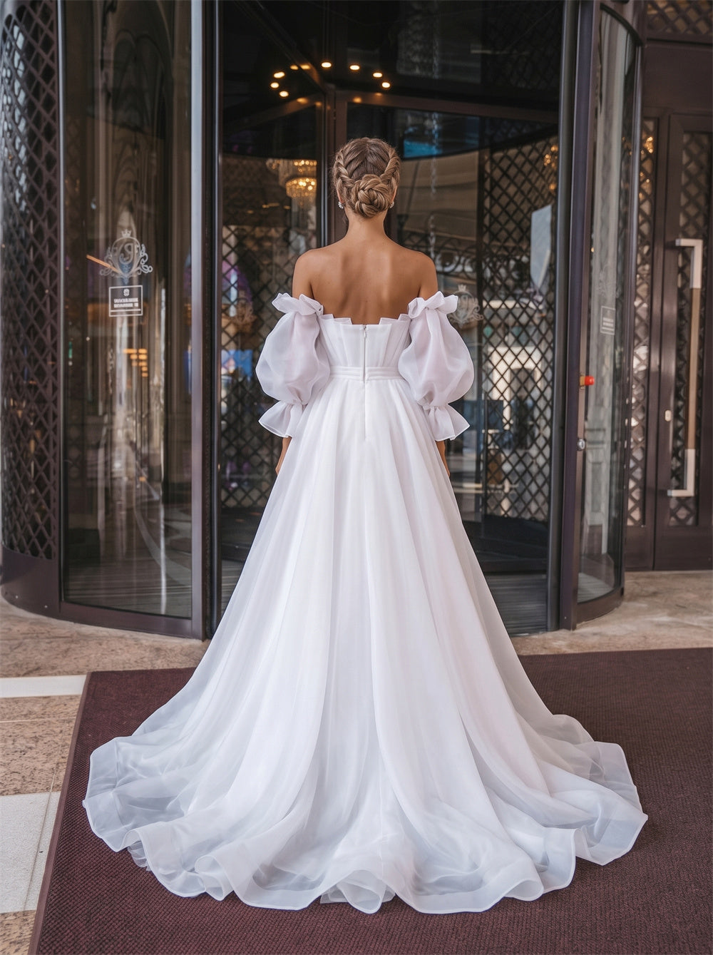 Off Shoulder Puff Sleeve Pleated Bodice Zipper Back Organza A Line Wedding Dress Bridal Dress