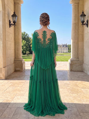 Prom Dress Floral Lace Illusion Back Cape Sleeve Pleated Tiered Emerald Green Tulle Floor Length Formal Gown
