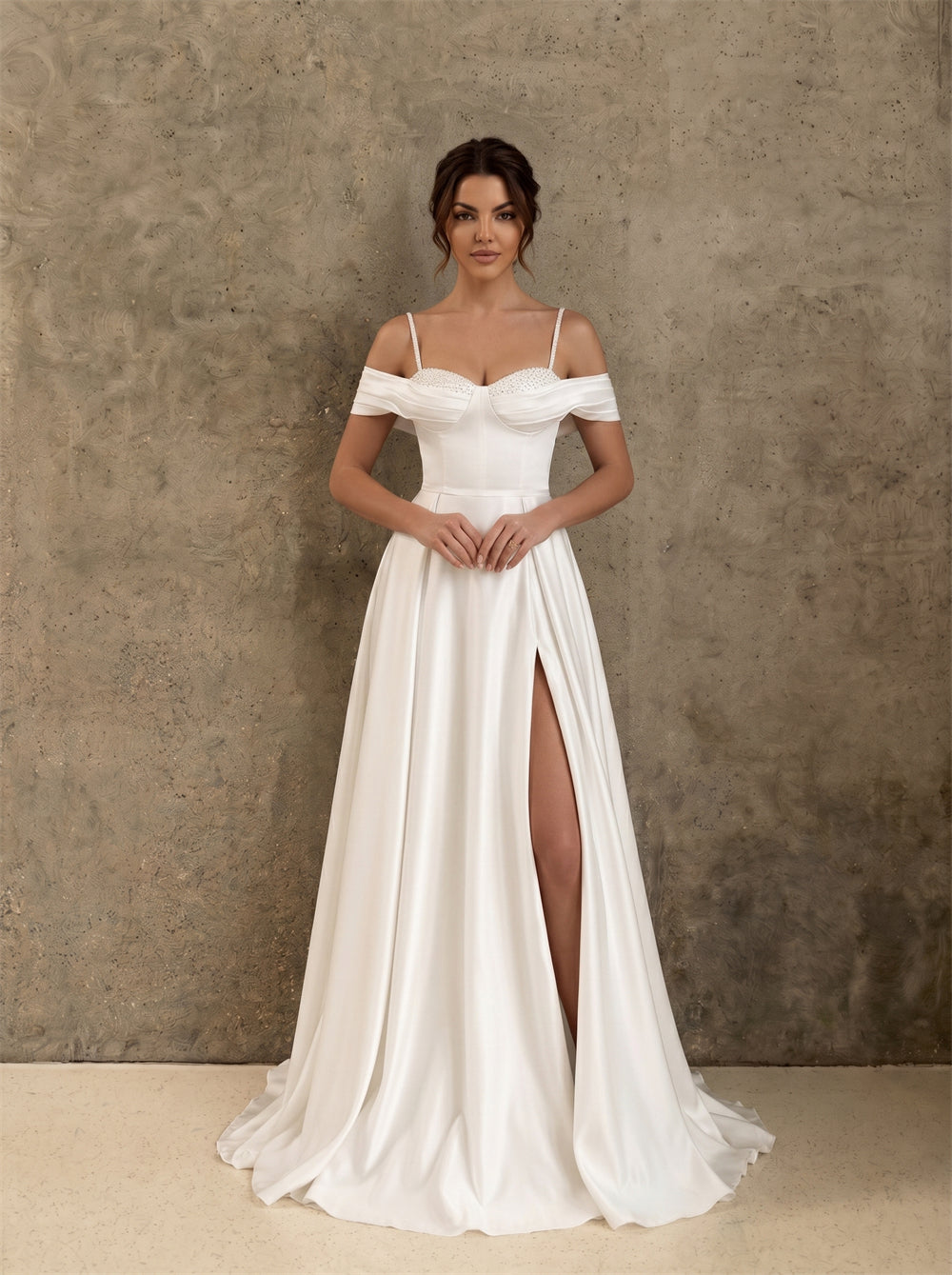 Off Shoulder Thin Strap Pearl Trim High Slit Gloss Satin A Line Wedding Dress Bridal Dress