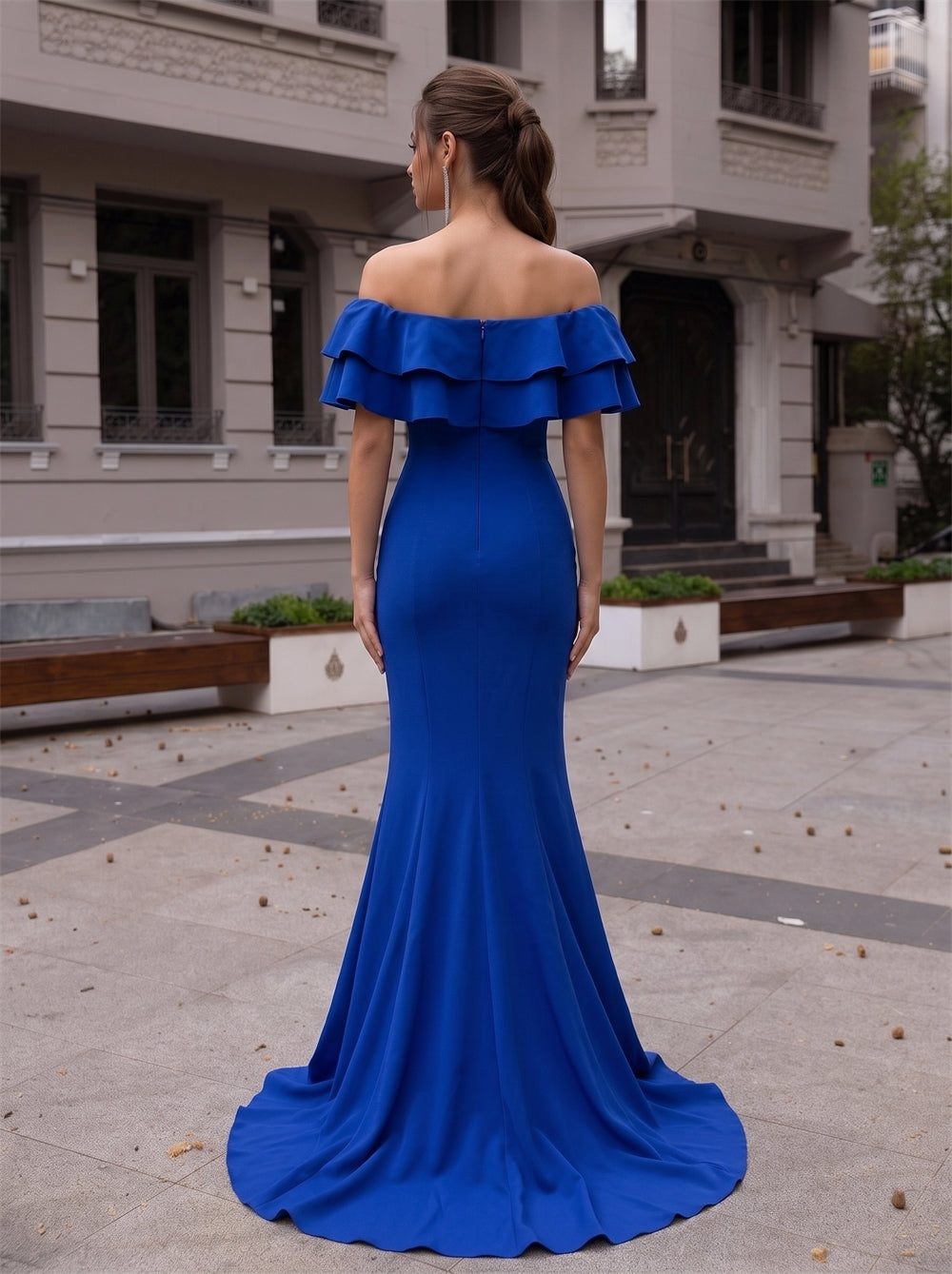 Off The Shoulder Ruffle Royal Blue Mermaid Prom Dress High Slit Evening Gown With Train