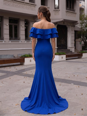 Off The Shoulder Ruffle Royal Blue Mermaid Prom Dress High Slit Evening Gown With Train