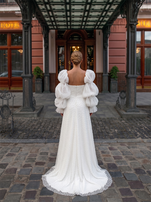 Square Neck Detachable Puff Bubble Long Sleeve Pearl Dotted Tulle A Line Wedding Dress Minimalist Bridal Gown