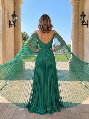 Spaghetti Strap Cape Sleeve Glitter Pleated Chiffon A Line Evening Gown