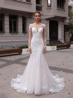 Long Sleeve Floral Lace Mermaid Wedding Dress Illusion Neck Illusion Back Button Tulle Bridal Gown