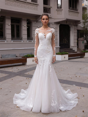 Long Sleeve Floral Lace Mermaid Wedding Dress Illusion Neck Illusion Back Button Tulle Bridal Gown