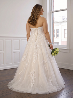 Plus Size Strapless Sweetheart Glitter Tulle Ball Gown Wedding Dress Floral Lace Bodice Corset Lace Up BackBridal Gown