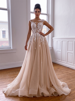 Illusion Cap Sleeve Lace Tulle A Line Wedding Dress Champagne Lining Vertical Pearl Button Back Bridal Gown